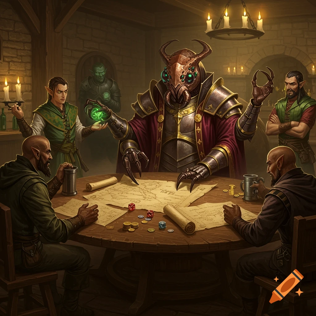 A group of fantasy characters, including an armored insectoid creature, sit around a table with maps, dice, and coins, playing a tabletop game in a dimly lit tavern.