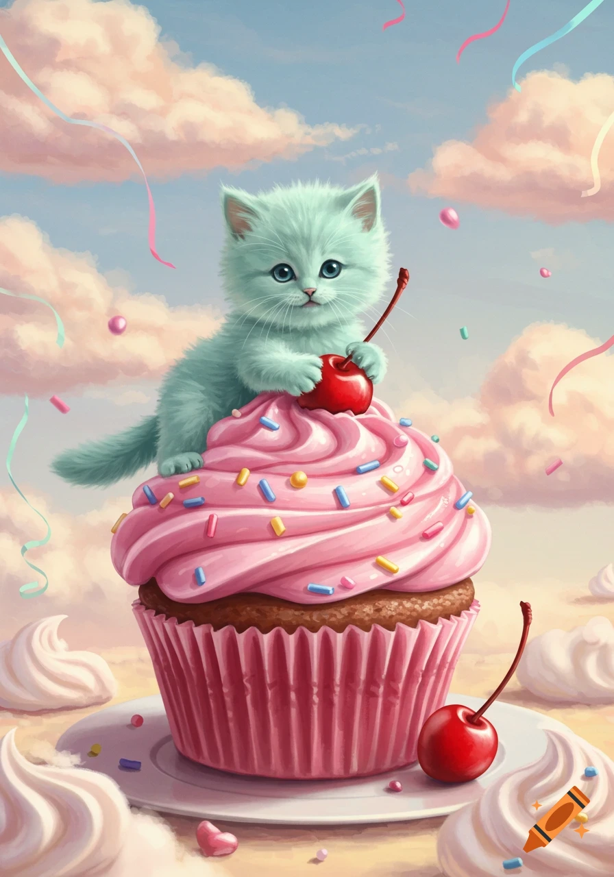 Fluffy light blue kitten sits on a pink frosted cupcake, holding a cherry, in a dreamy sky with pink clouds.