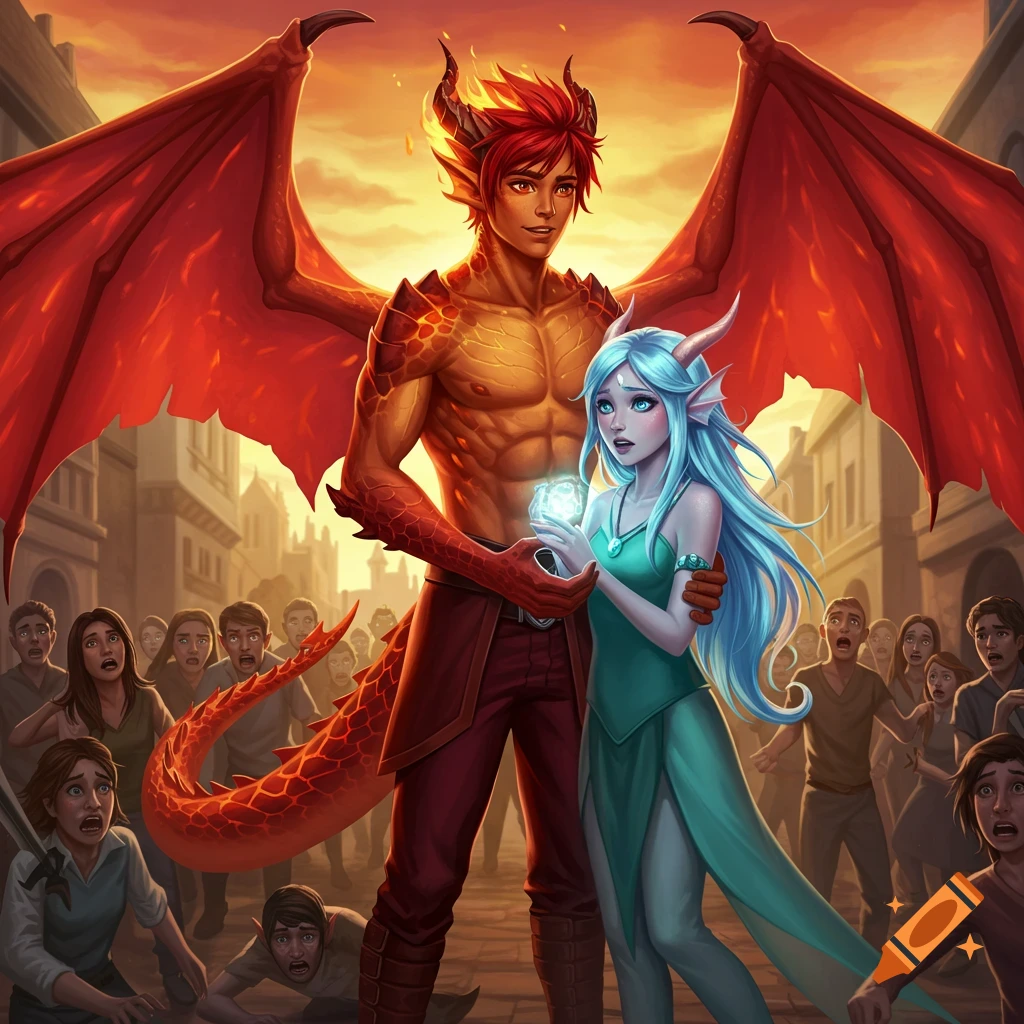 A male fire dragon with red hair and wings holds a female water dragon with blue hair in a street as scared humans watch in a cartoon style.