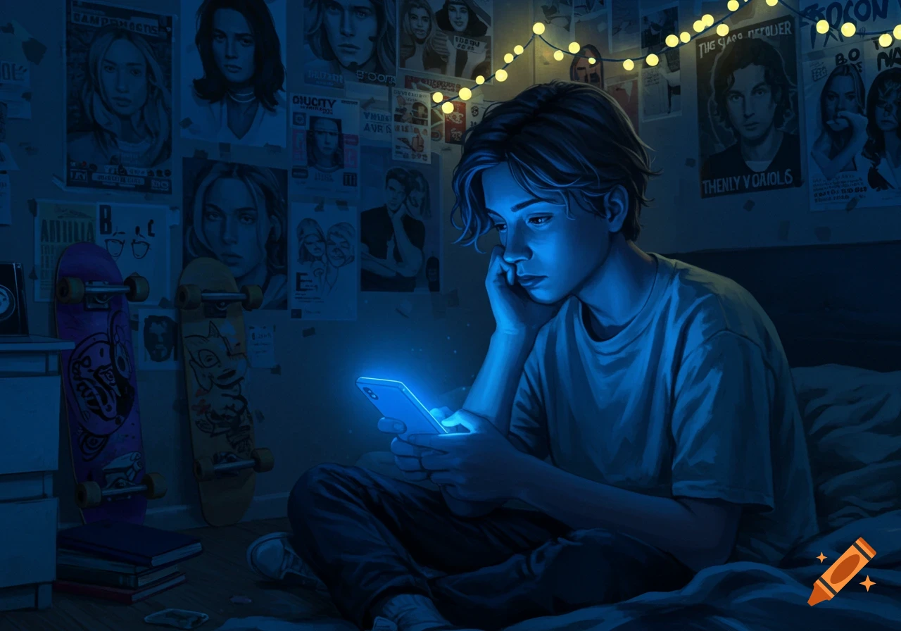 A stylized digital painting of a teenager looking at a glowing phone screen in a dark bedroom with string lights and posters.