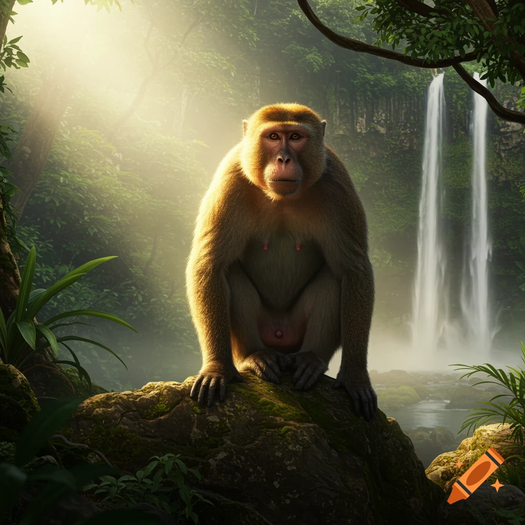 A photorealistic image of a monkey sitting on a mossy rock in a lush jungle with a waterfall and sunbeams in the background.