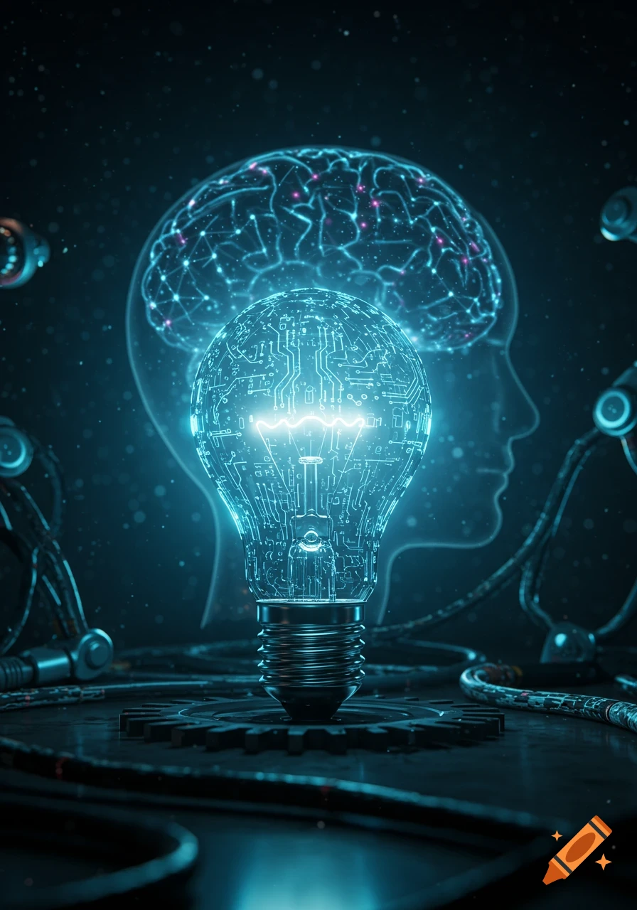 A glowing light bulb with circuit patterns, a brain outline, and robotic elements on a futuristic, digital background.