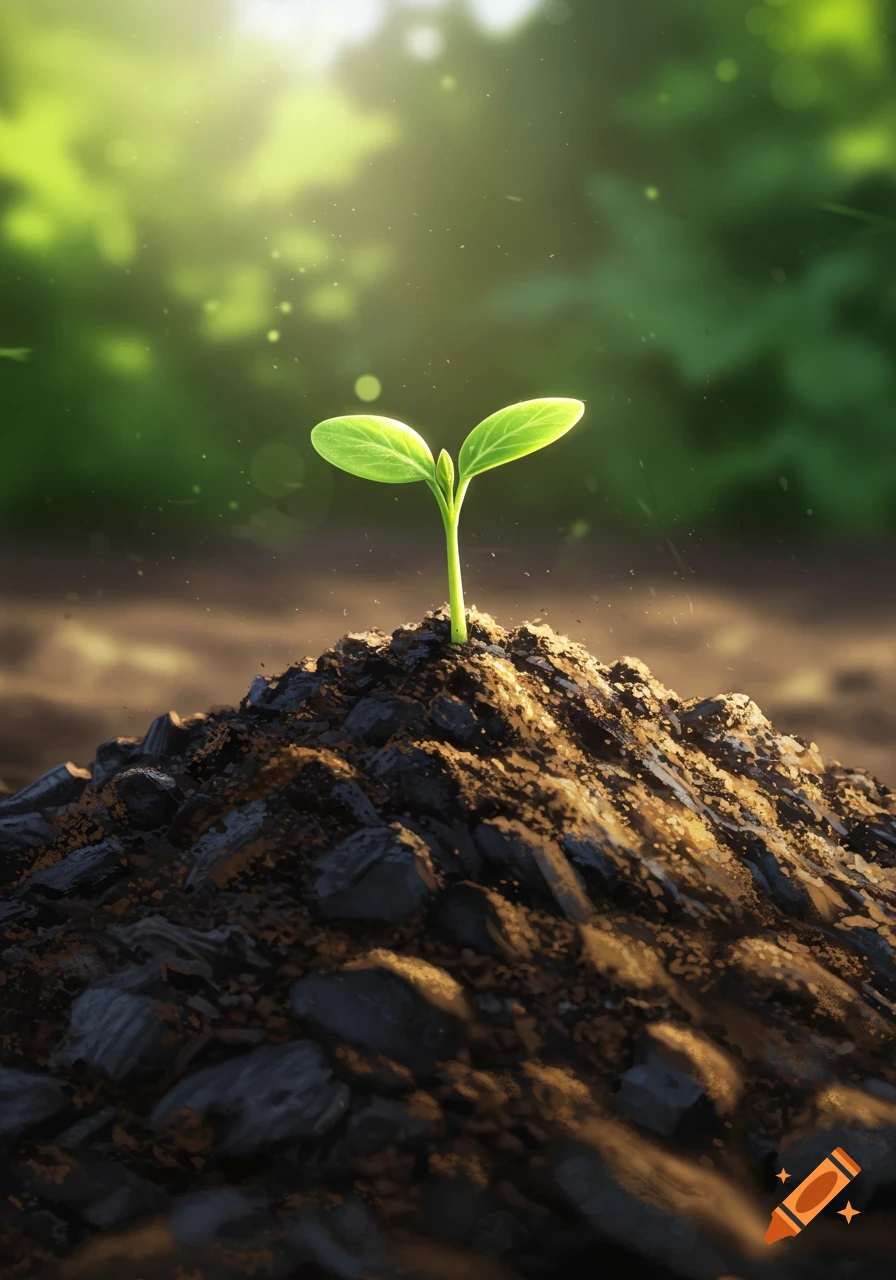 A vibrant green seedling sprouts from a mound of dark soil, illuminated by bright sunlight filtering through a leafy background. Photorealistic.