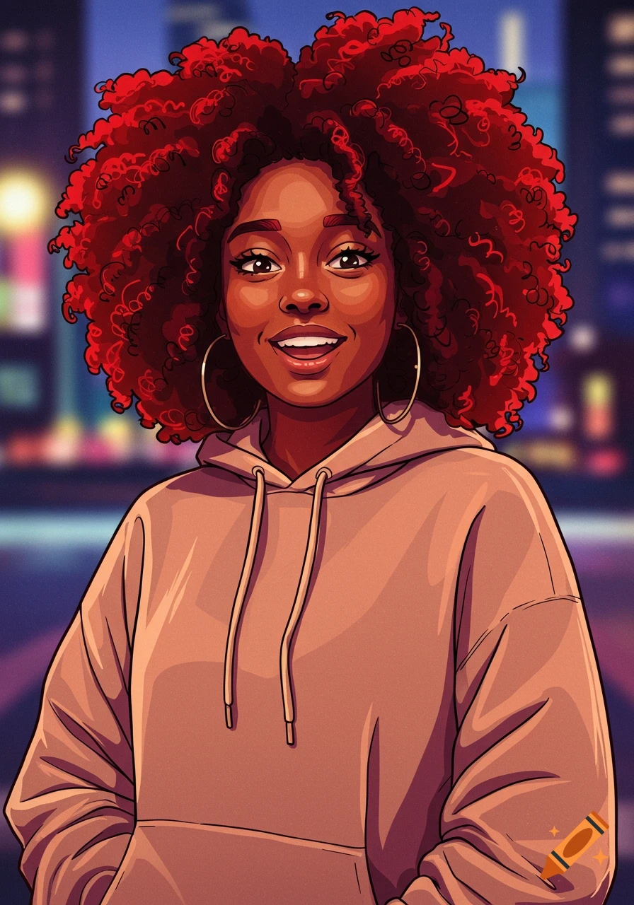 A cartoon portrait of a smiling young Black woman with red afro hair, hoop earrings, and a beige hoodie, against a blurry urban background.