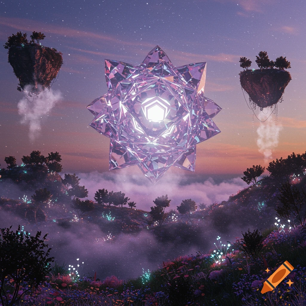 A large, glowing purple crystal floats above a mystical landscape with misty, luminous hills and floating islands under a starry, twilight sky.