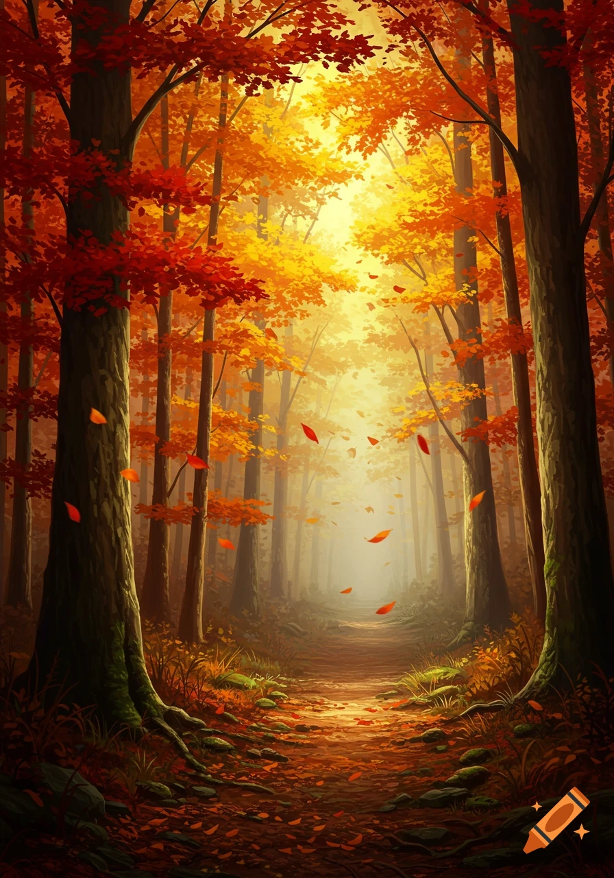 A vibrant autumn forest with a path leading into a sunlit clearing, surrounded by trees with red and orange leaves.