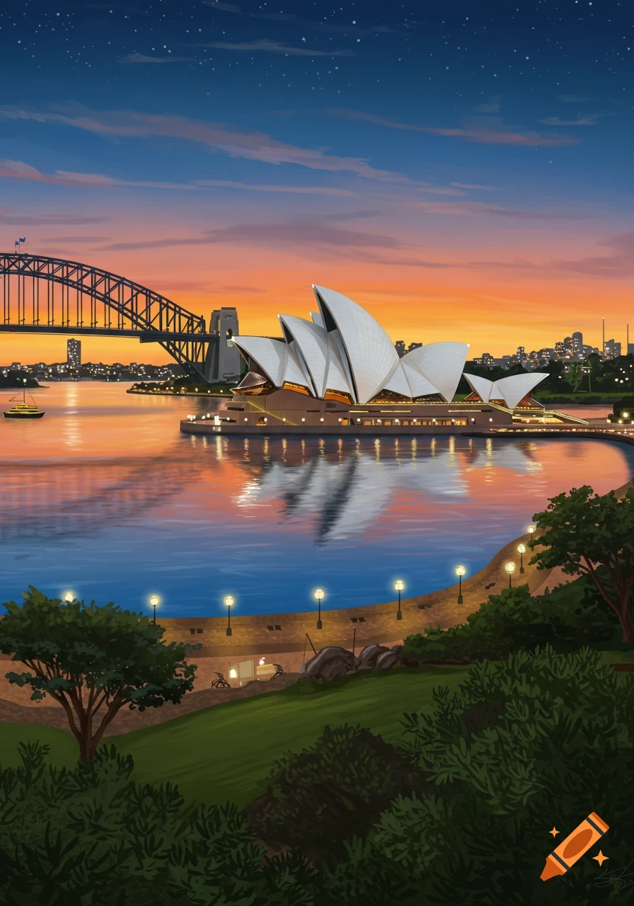 A stylized illustration of the Sydney Opera House and Harbour Bridge at sunset, with warm orange and blue skies reflecting on the water.