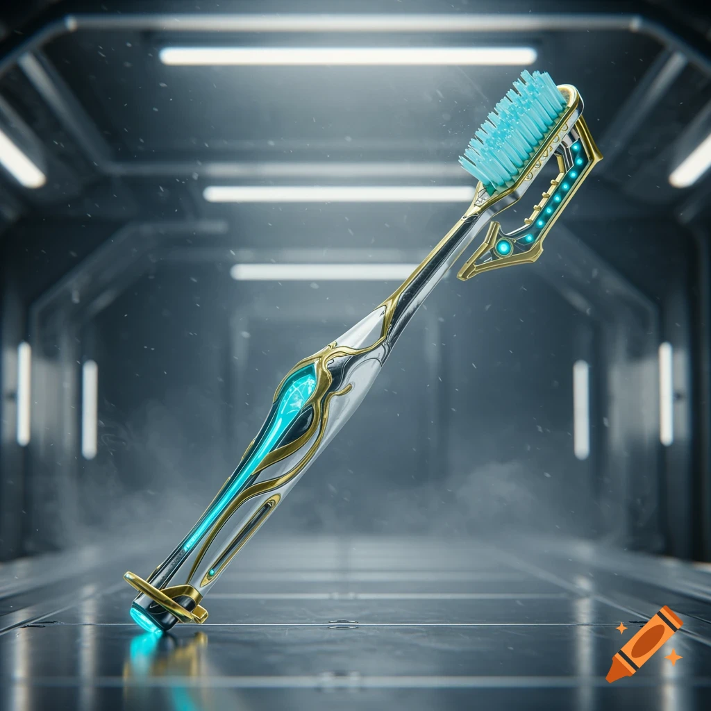 A futuristic toothbrush with glowing blue lights and intricate white and gold details, set in a dark sci-fi corridor.