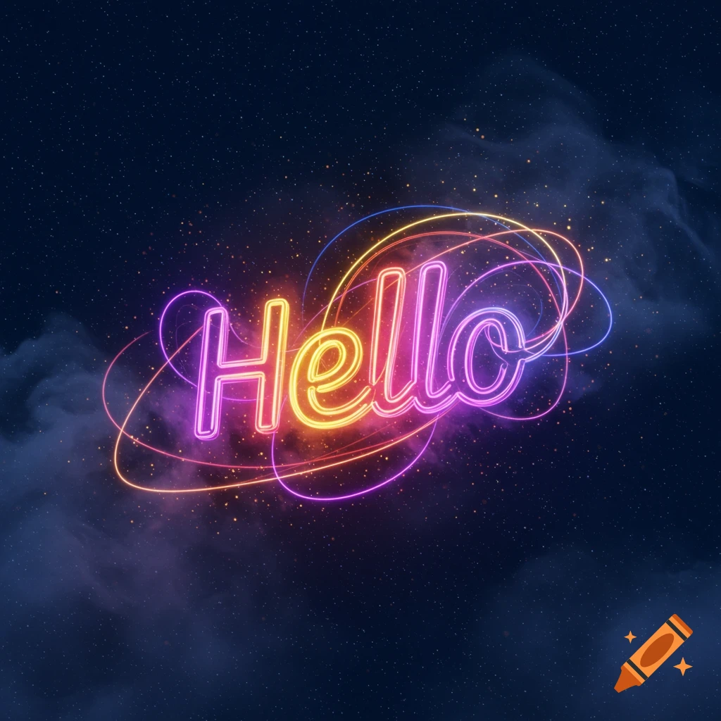 The word 'Hello' in colorful neon lights against a dark, starry sky with faint nebulae.