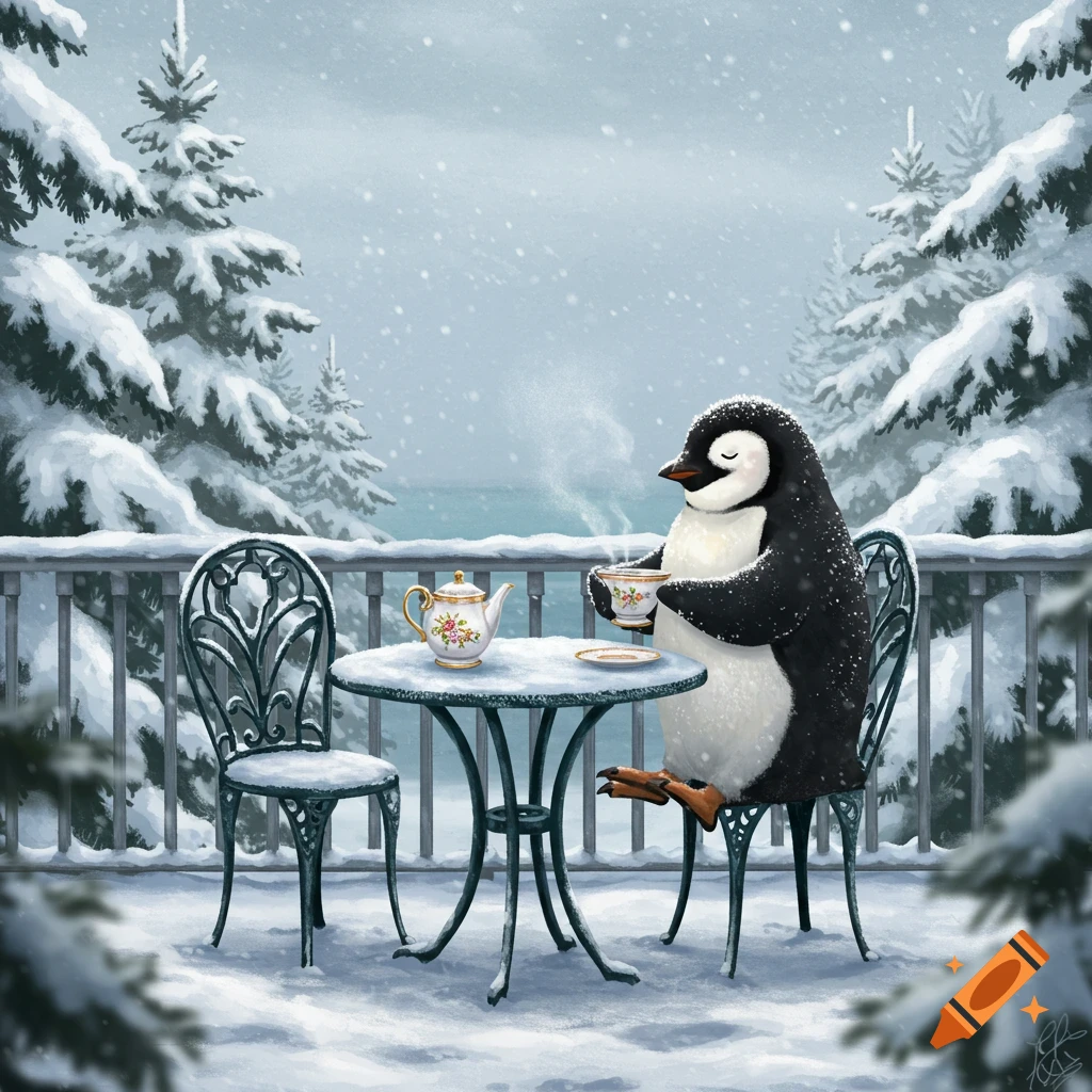 A whimsical illustration of a penguin sitting on a snowy balcony, sipping tea from a delicate cup, surrounded by snow-covered pine trees.