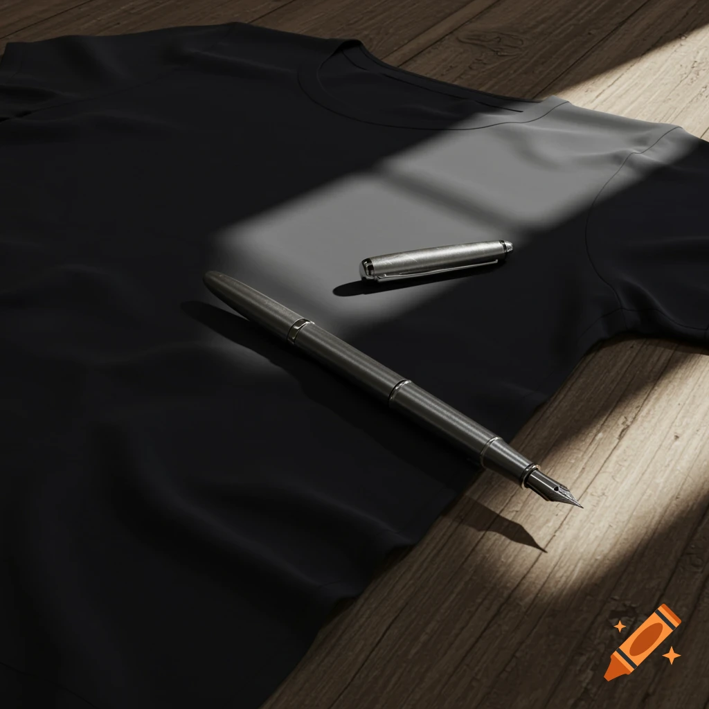 A black t-shirt with a metallic fountain pen and its cap lying on a wooden surface, with dramatic light and shadows.