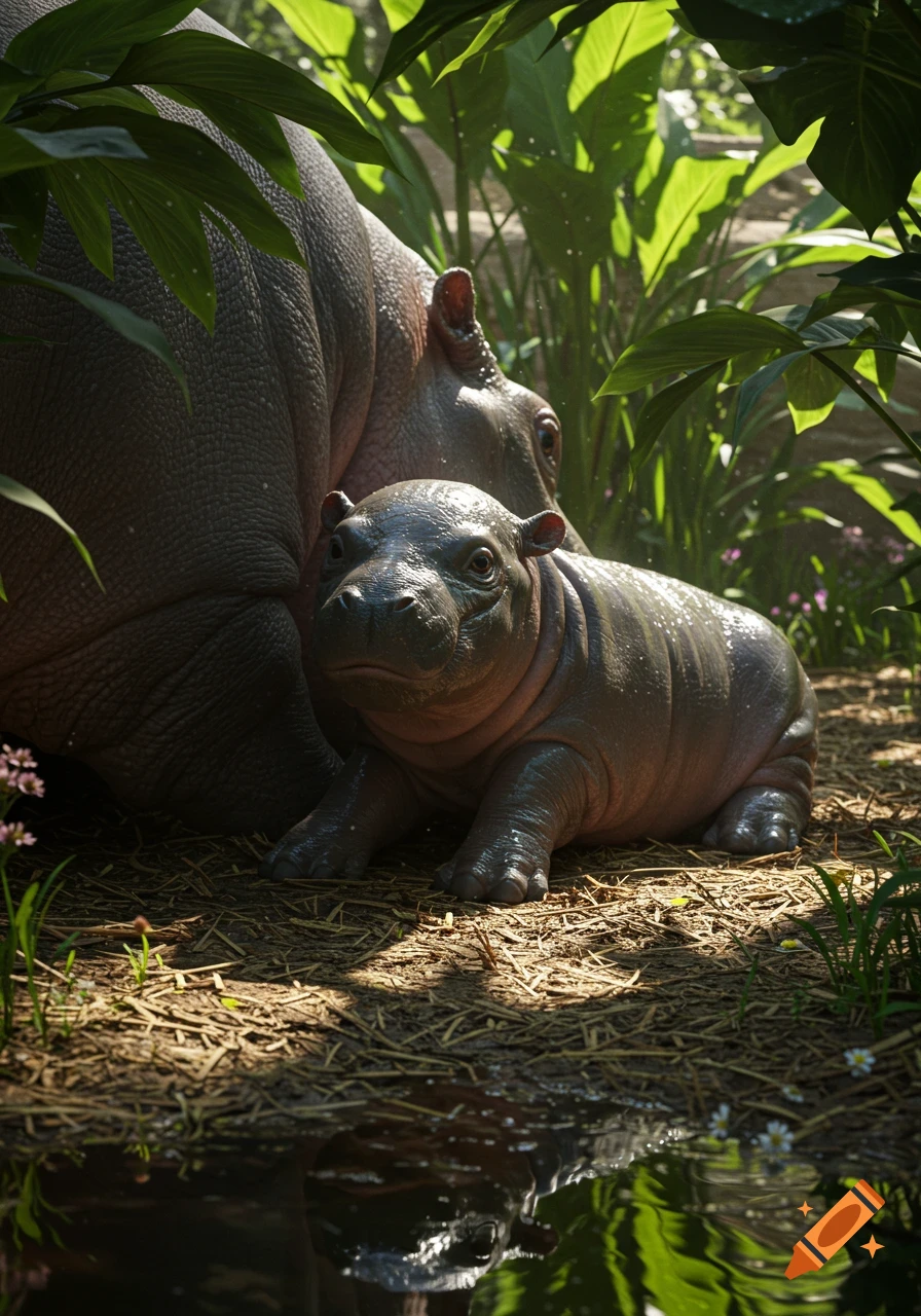 A photorealistic image of a baby hippo next to an adult hippo in a lush jungle setting, with reflections in water.
