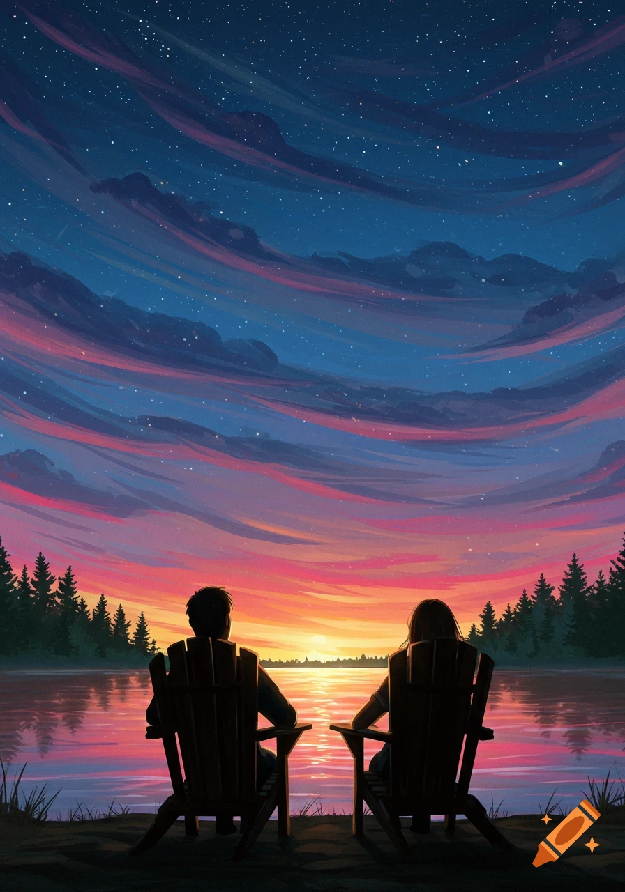 Two people sit in chairs by a lake, silhouetted against a vibrant sunset sky with stars and colorful clouds in an illustrated style.