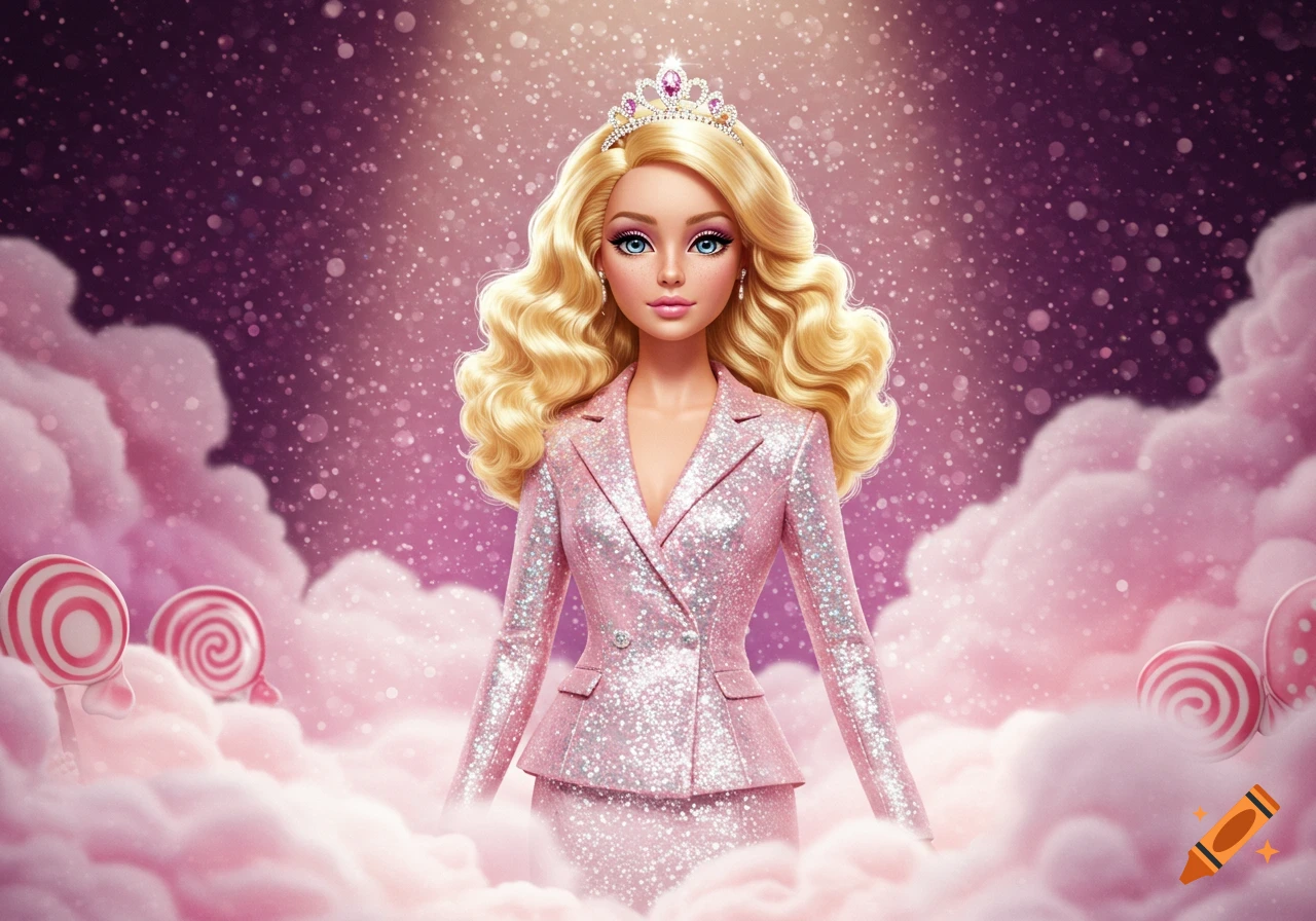 A blonde Barbie doll in a sparkly pink pantsuit and tiara, standing amidst pink clouds and lollipops on a glittery background.