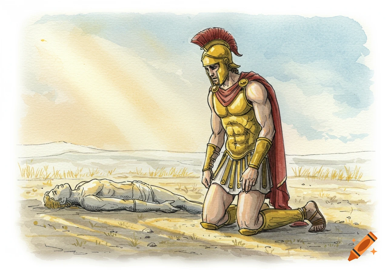 A watercolor illustration of a grieving warrior in golden armor kneeling beside a fallen figure in a desolate landscape.