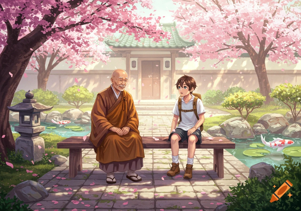 An anime illustration of an old monk and a young boy sitting on a bench under cherry blossoms in a Japanese temple garden.