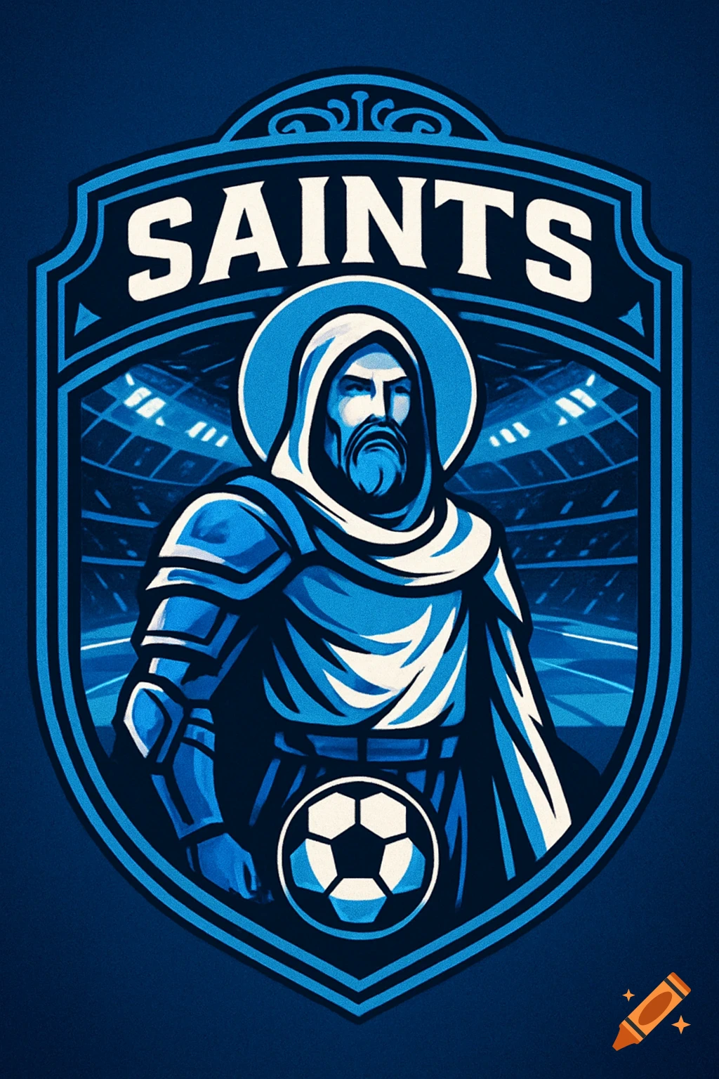 A blue and white sports logo featuring a stylized saint figure with a soccer ball and stadium background, with 'SAINTS' text at the top.