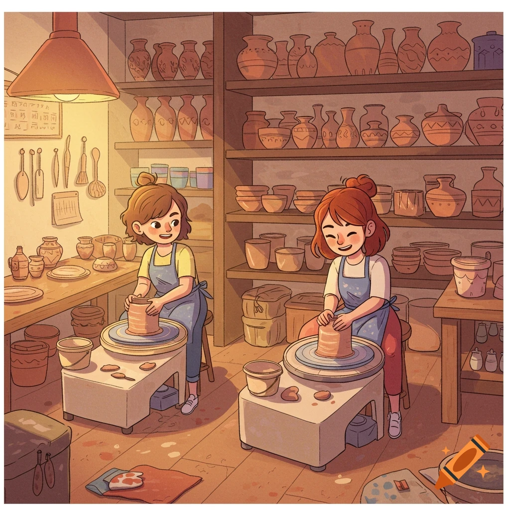 Two cartoon girls shaping clay on pottery wheels in a cozy workshop filled with shelves of pots.