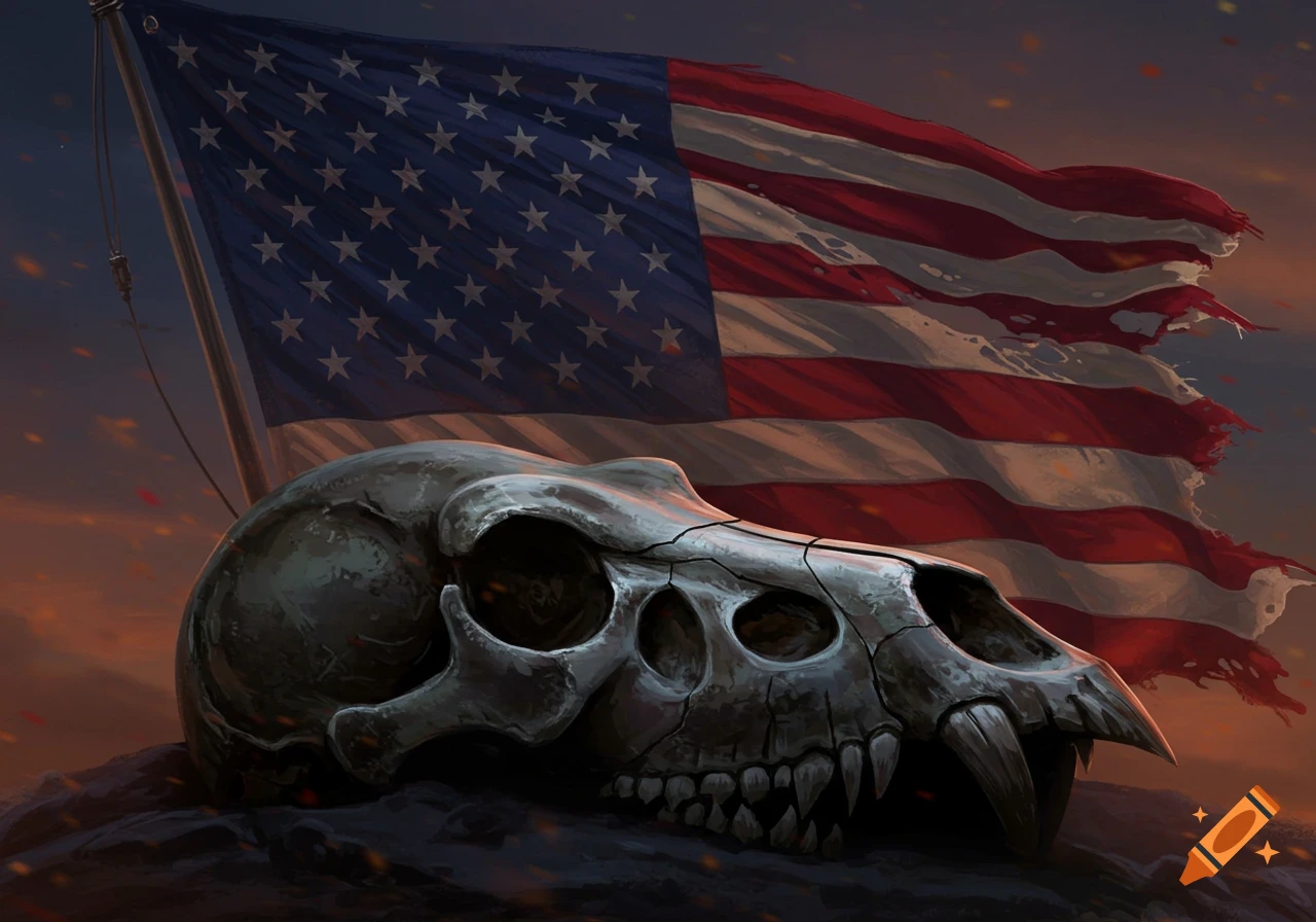A stylized Mythosaur skull on the ground with a tattered American flag waving behind it against a dark, fiery sky, digital art.