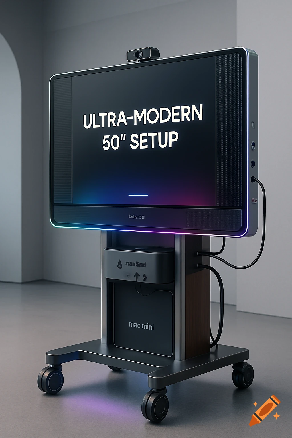 A sleek 50-inch screen on a mobile stand with a webcam and Mac mini, displaying 'ULTRA-MODERN 50" SETUP'.