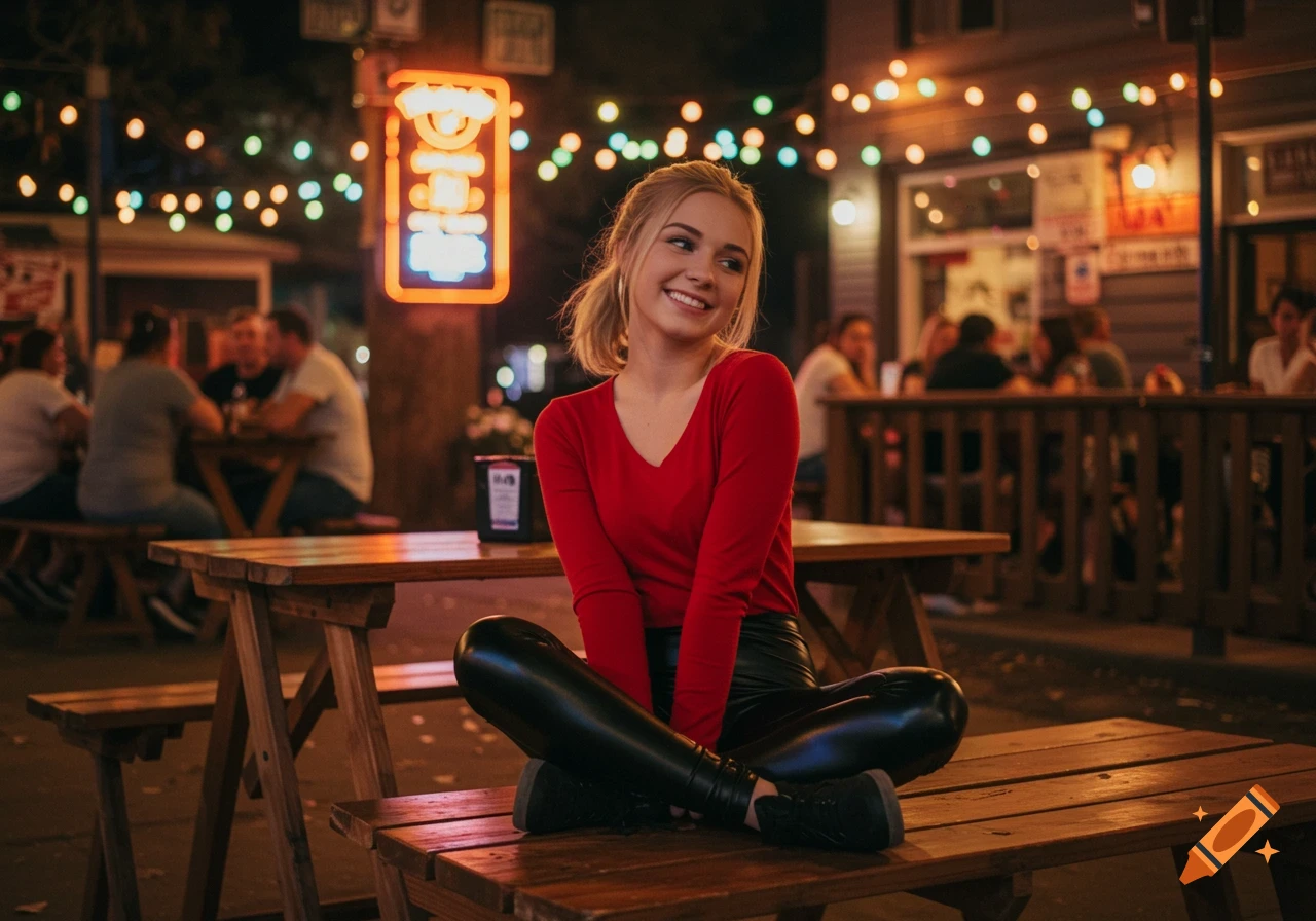 Smiling blonde woman in a red shirt and black leggings sitting on a wooden bench outside a bar at night with colorful lights.