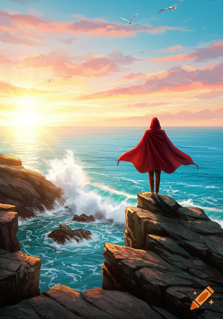 Person in a red hooded cape standing on a rocky cliff overlooking a vibrant ocean sunset with waves crashing.