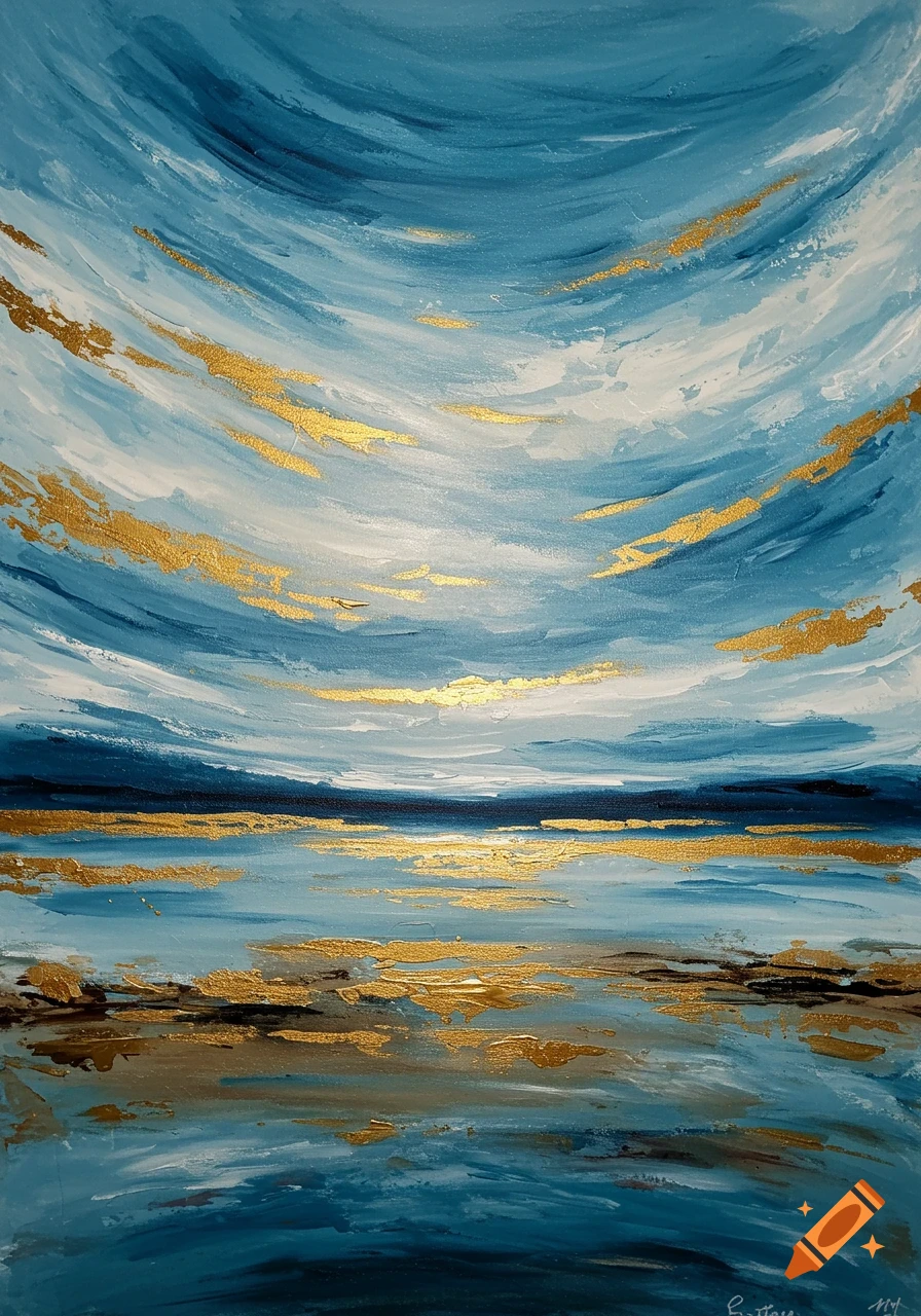 An abstract painting depicting a seascape or landscape with swirling blue and white skies and waters, highlighted by bold strokes of gold and hints of brown.
