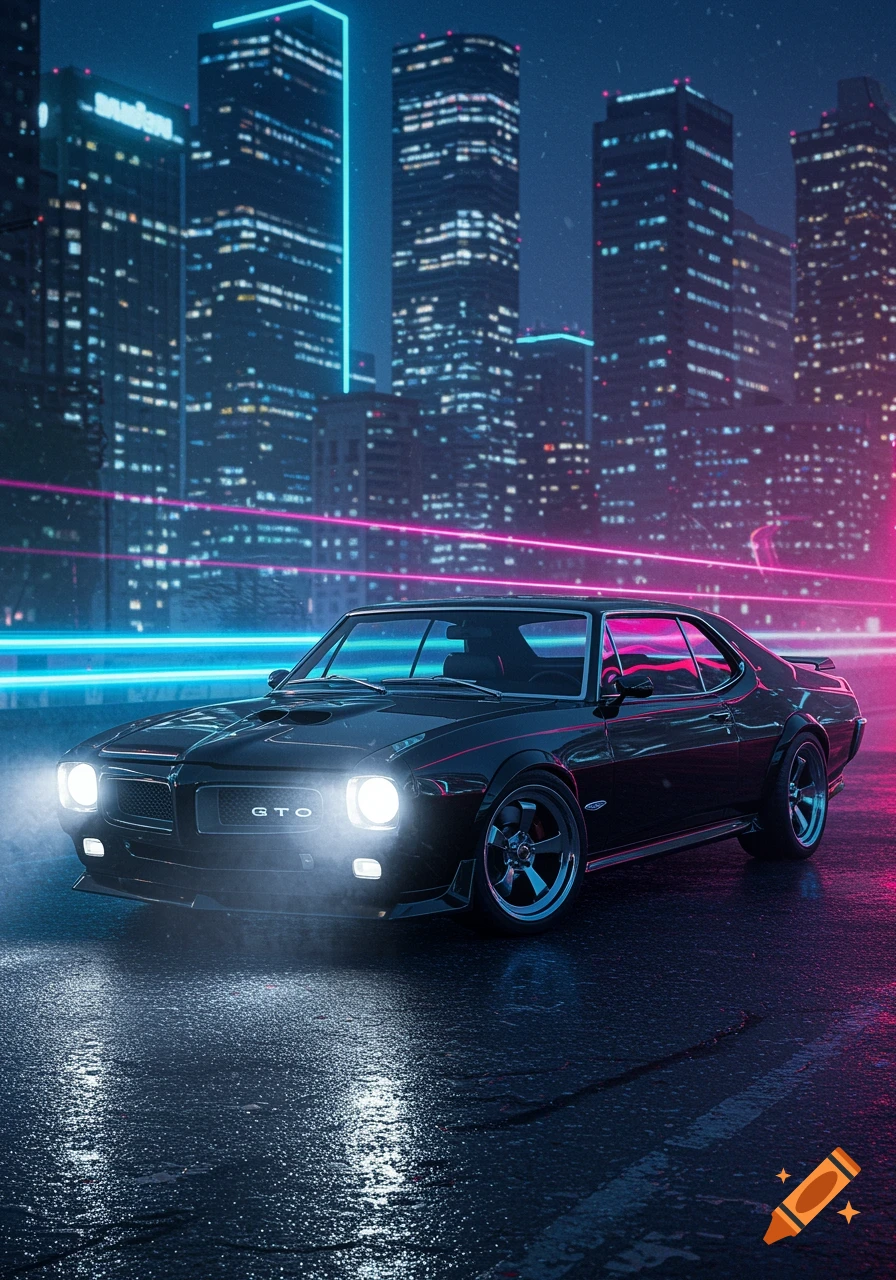 A black Pontiac GTO with headlights on, parked on a wet street at night with a futuristic city skyline lit by neon lights.