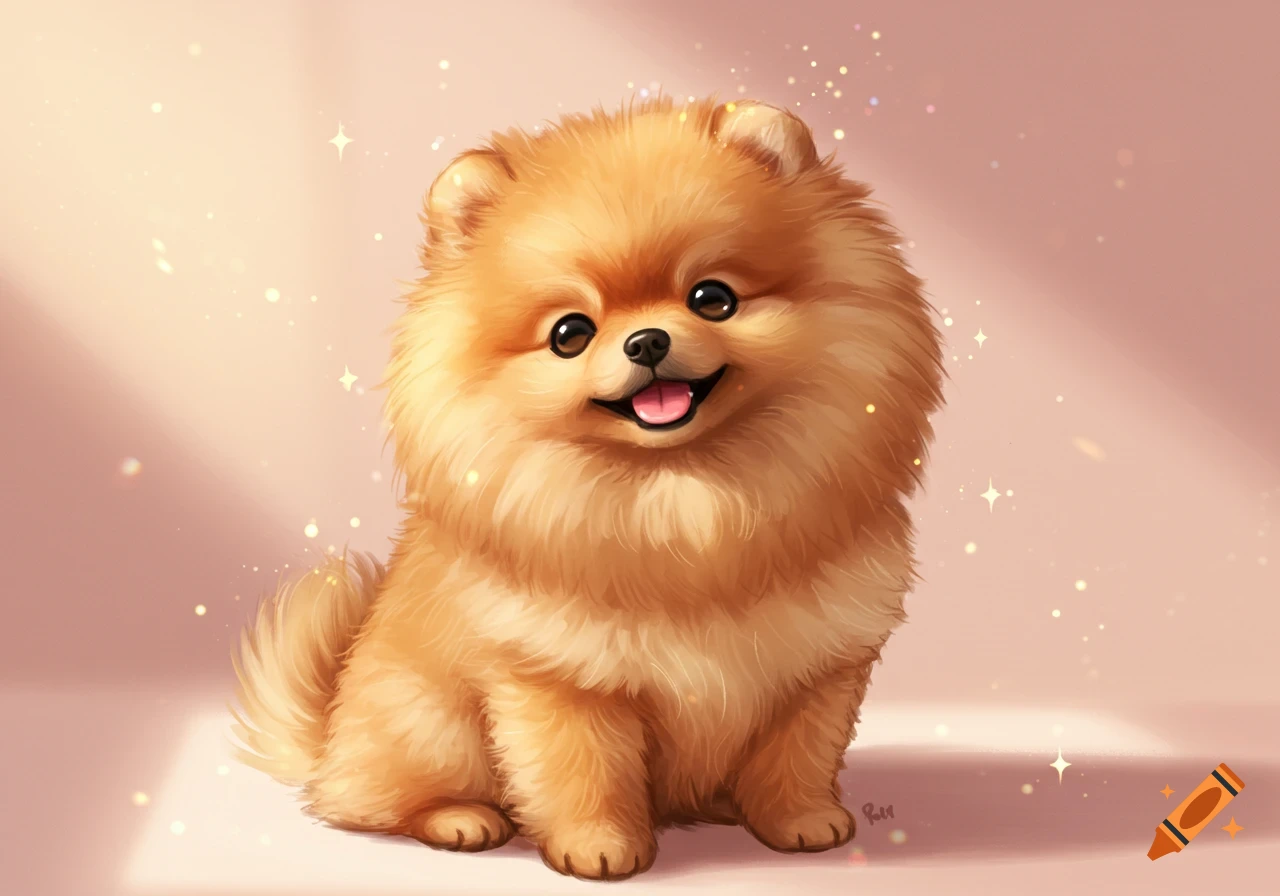 An adorable, fluffy orange Pomeranian puppy illustration sits happily on a light pink background with sparkling lights.