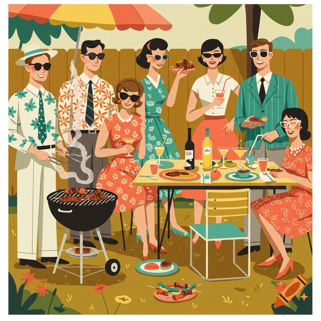 A stylized illustration in the Shag art style depicts a lively backyard barbecue with multiple adults gathered around a grill and a table laden with food and drinks.