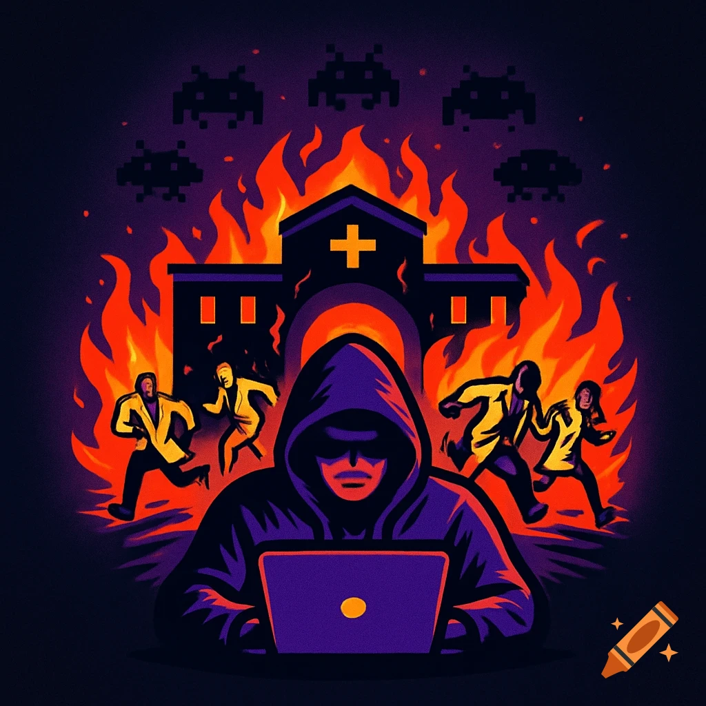 A stylized logo features a hacker in a purple hoodie using a laptop, in front of a burning hospital with people fleeing. Pixelated Space Invaders hover above.