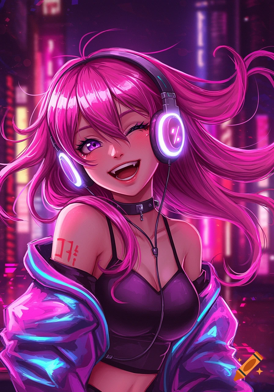 An anime girl with long pink hair and purple eyes, wearing headphones and a neon jacket, smiling in a city at night.