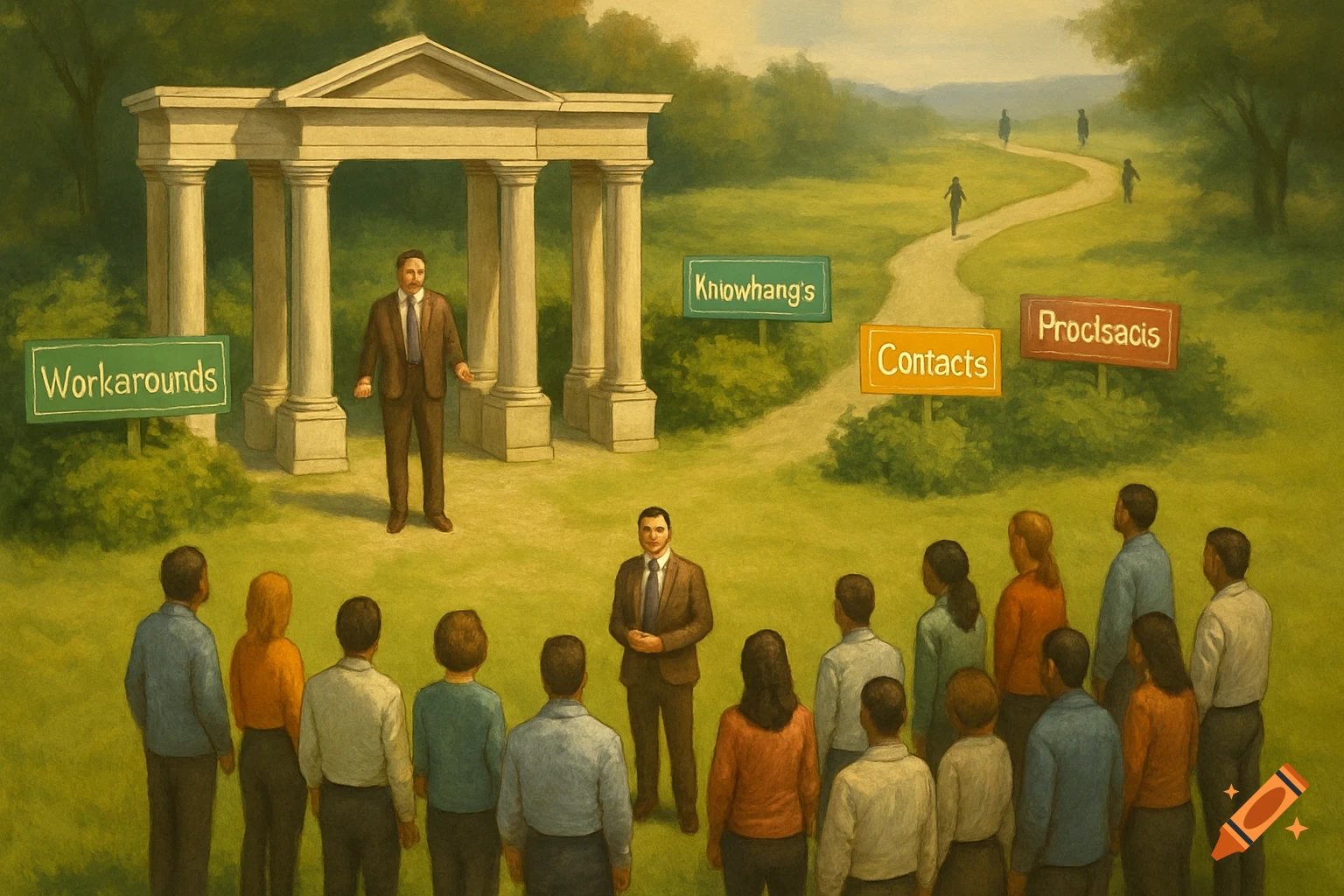 A semi-realistic painting shows a crowd of people in front of a stone gate. Two men in suits stand near the gate, one addressing the crowd. A winding path leads into the distance with signs labeled "Workarounds," "Kniowhang's," "Contacts," and "Proclsacis."