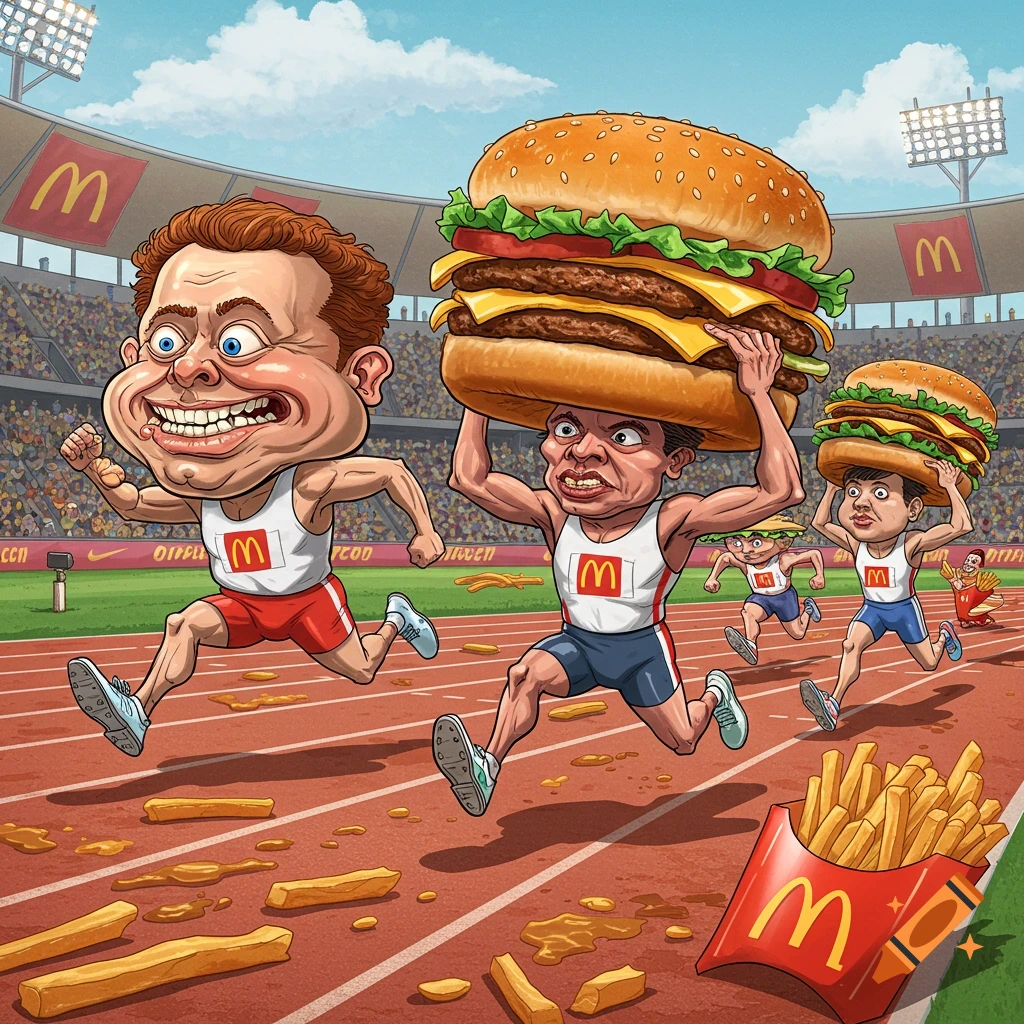 Exaggerated cartoon athletes run a race on a track, carrying giant burgers and tripping over scattered fries, satirizing fast food.