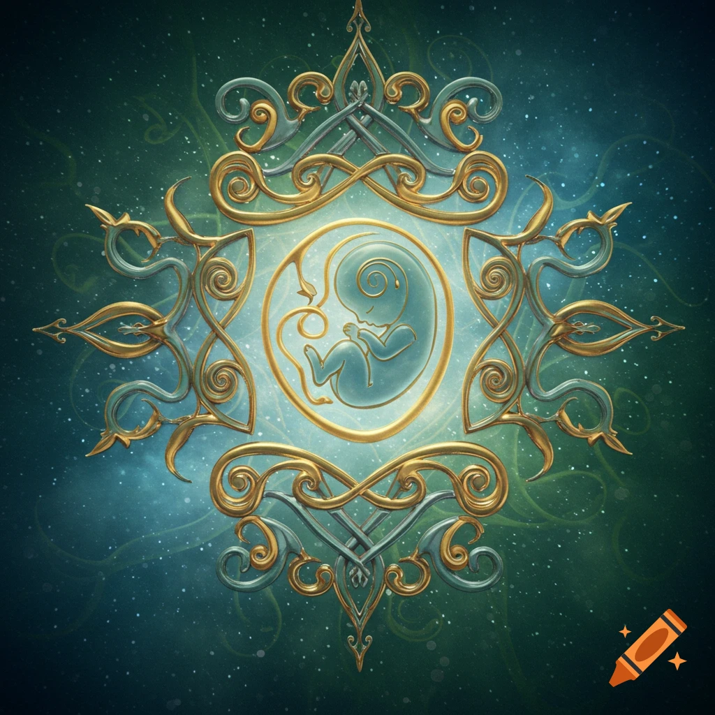 A glowing fetus symbol encircled by an ornate golden and silver sigil, set against a dark, starry green background.