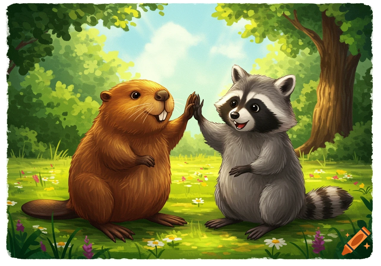 A cute cartoon beaver and a raccoon give a high five in a sunny, green forest clearing with wildflowers.