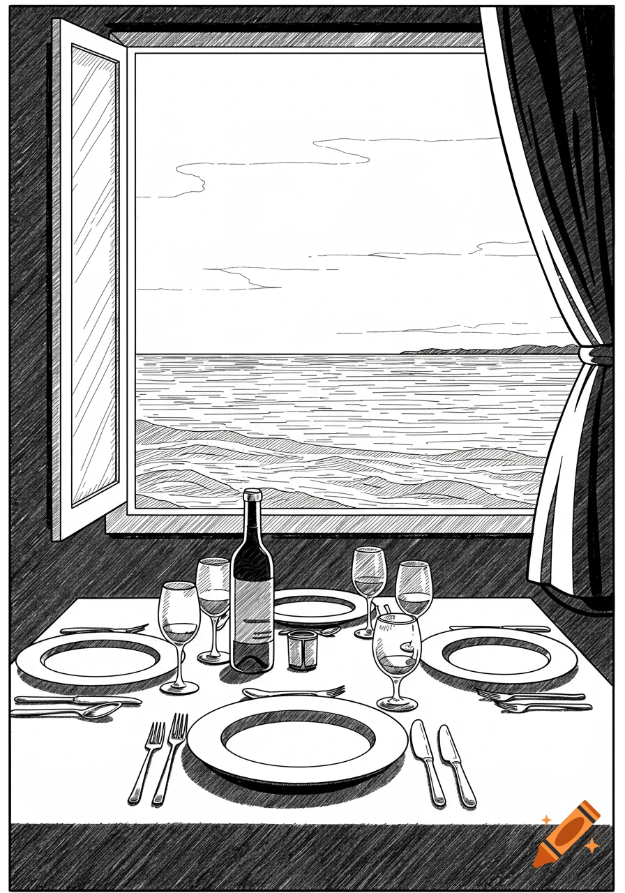 Black and white line art drawing of a dinner table set for two by an open window overlooking a calm sea with distant land.