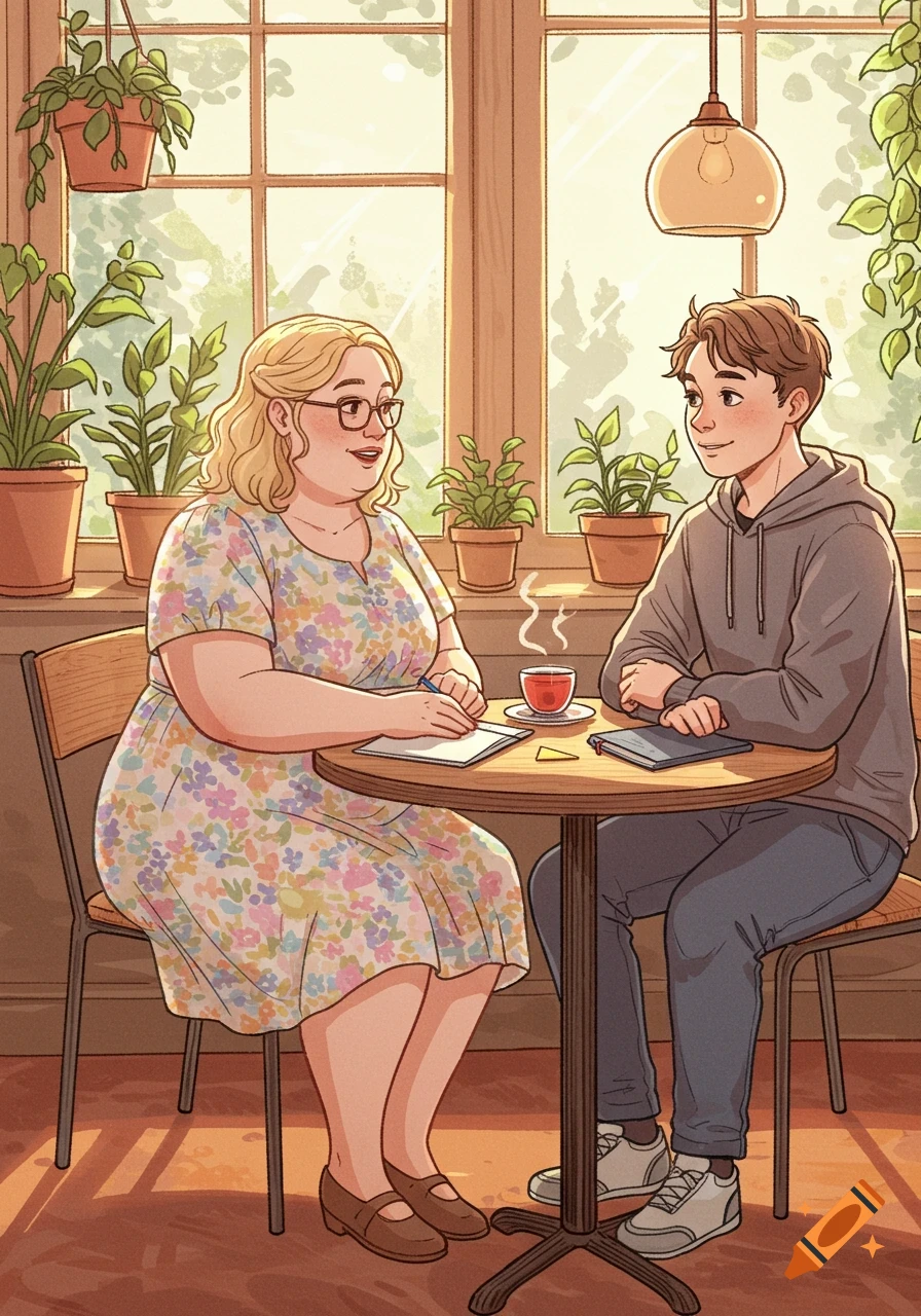 A drawing of a blonde woman in a floral dress and glasses talking to a brown-haired teenager in a grey hoodie at a cafe table with plants in the background.
