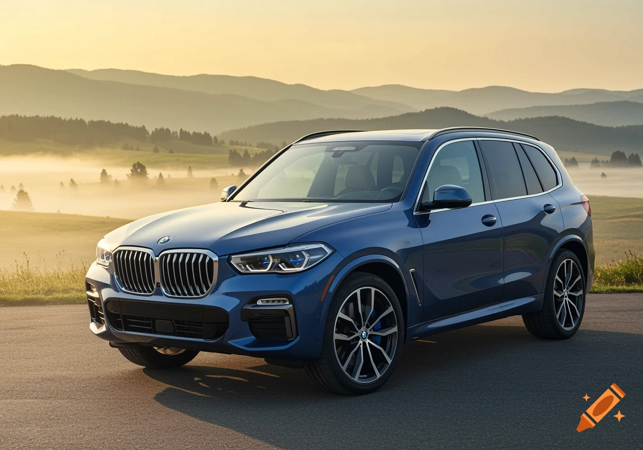 A blue BMW X5 SUV is parked on an asphalt road with misty mountains and trees in the background during sunrise.