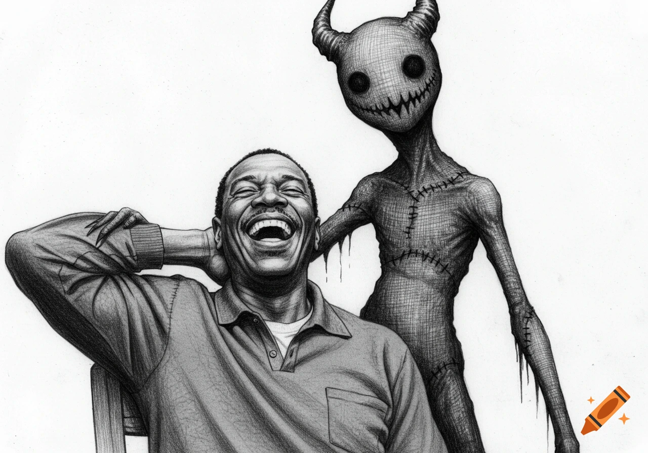 A monochrome pencil sketch of a laughing Black man with a creepy, stitched demon creature standing behind him.