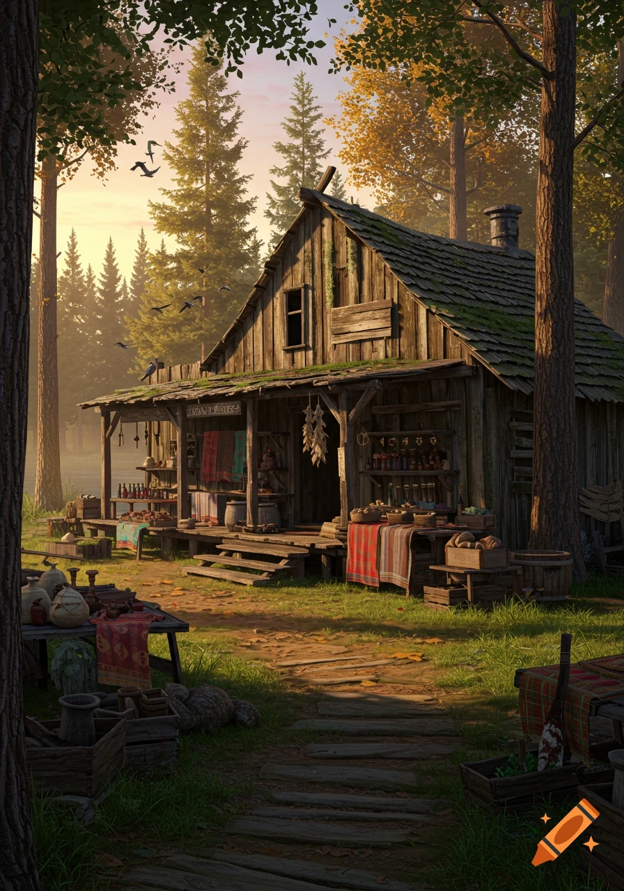 A rustic wooden trading post with a mossy roof sits in a sunlit forest, surrounded by tall pine trees and autumn foliage.