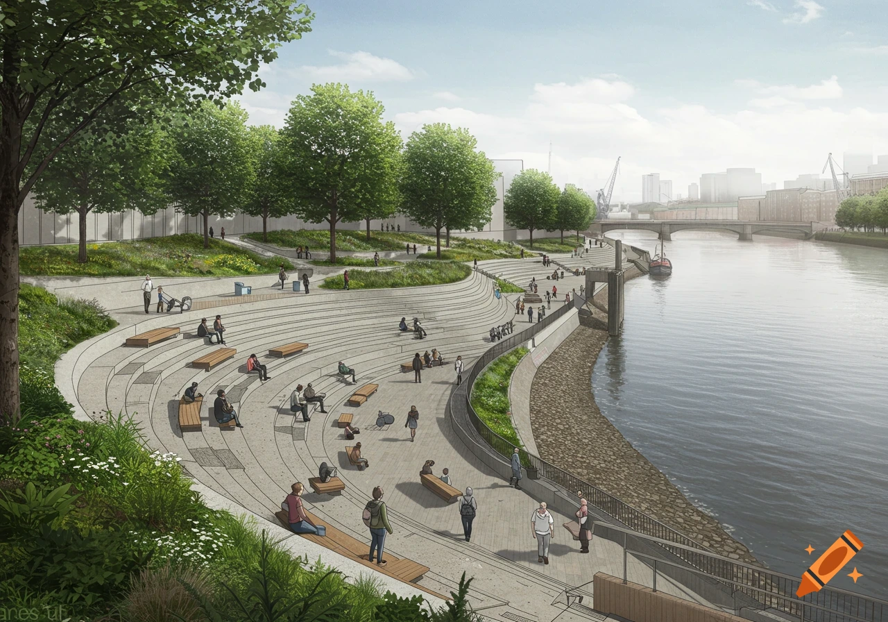 An architectural rendering of a modern riverside amphitheater with curved concrete steps, wooden benches, trees, and people, next to a wide river with a bridge and city skyline in the background.