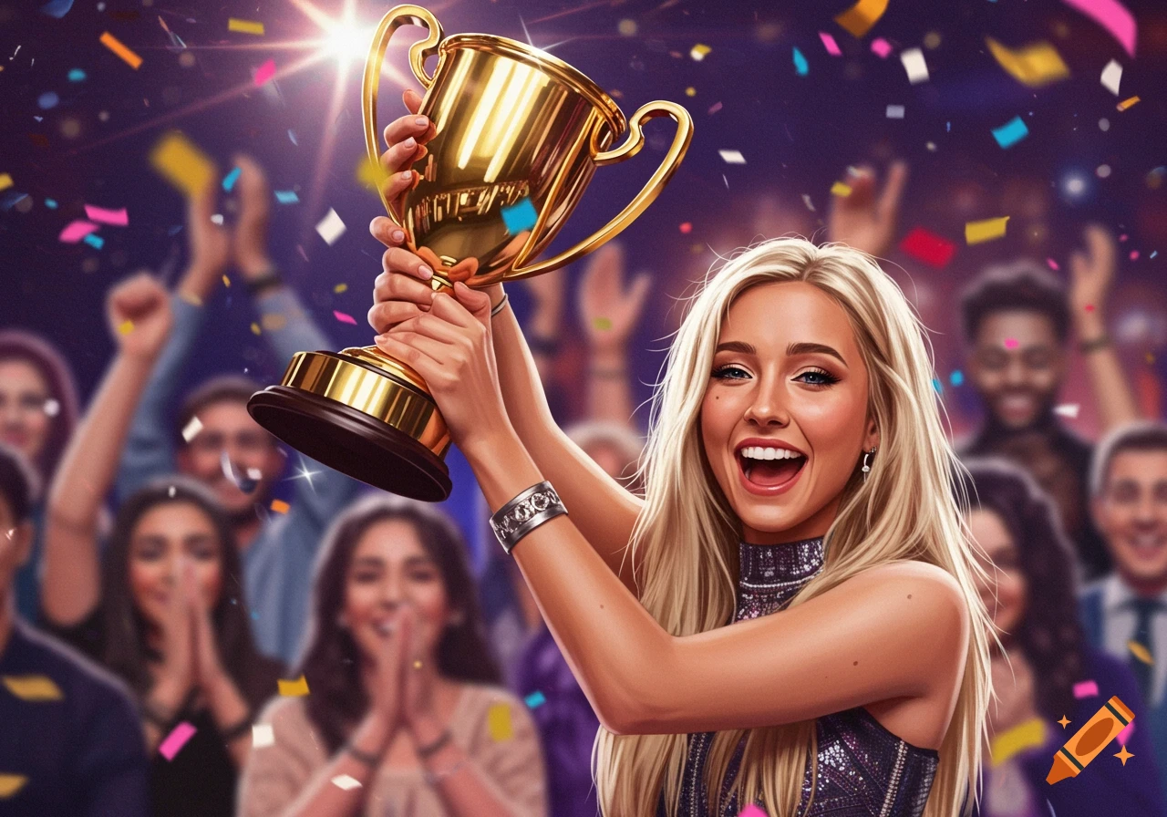 A blonde woman joyfully holds a golden trophy aloft, celebrating amidst falling confetti and a cheering crowd.