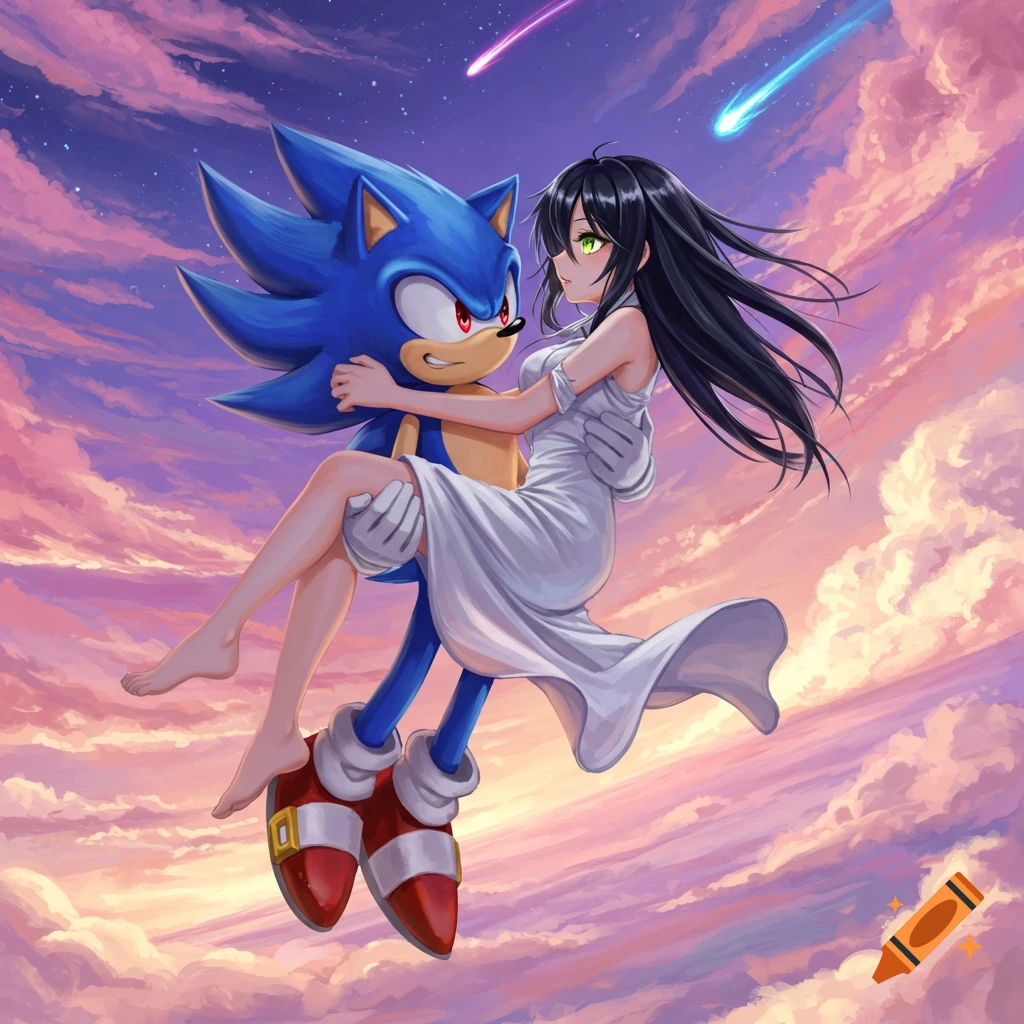 Sonic the Hedgehog carries an anime girl in a white dress as they fly through a vibrant, cloudy sky with shooting stars, in an anime art style.