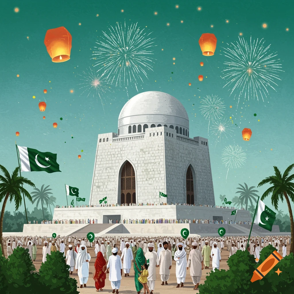 An illustration of the Quaid-e-Azam Mausoleum with a crowd celebrating Pakistan Independence Day, featuring flags, fireworks, and lanterns in the sky.