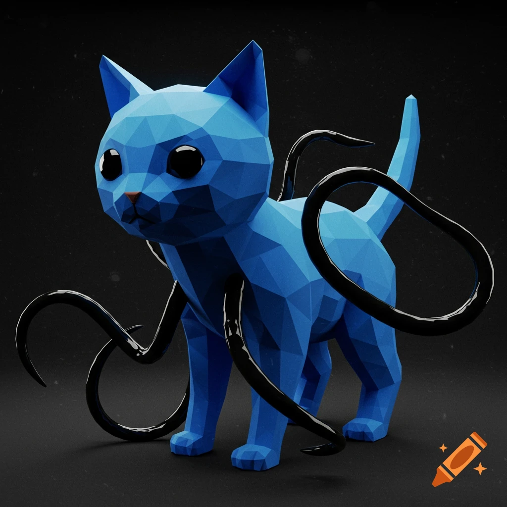 A low-poly blue kitten with large black eyes and a small red nose stands, enveloped by glossy black tentacles, on a dark surface.