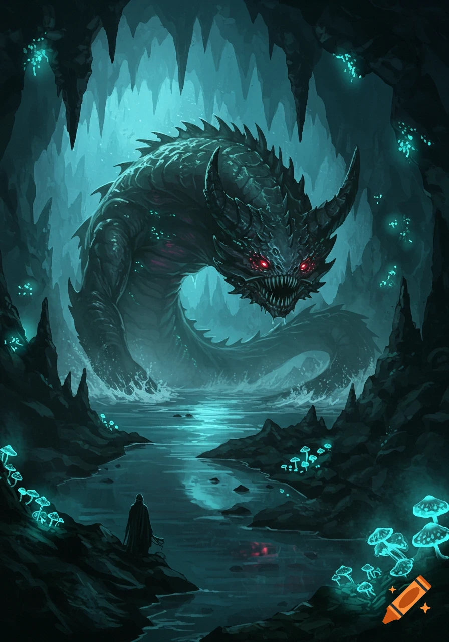 A giant, horned monster with glowing red eyes emerges from a turquoise illuminated underground river, watched by a cloaked figure.