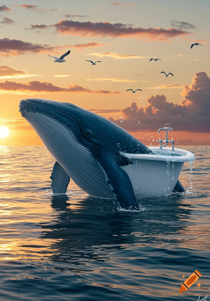 A surreal blue whale with a bathtub for a body rises from the ocean at sunset, with seagulls flying overhead.