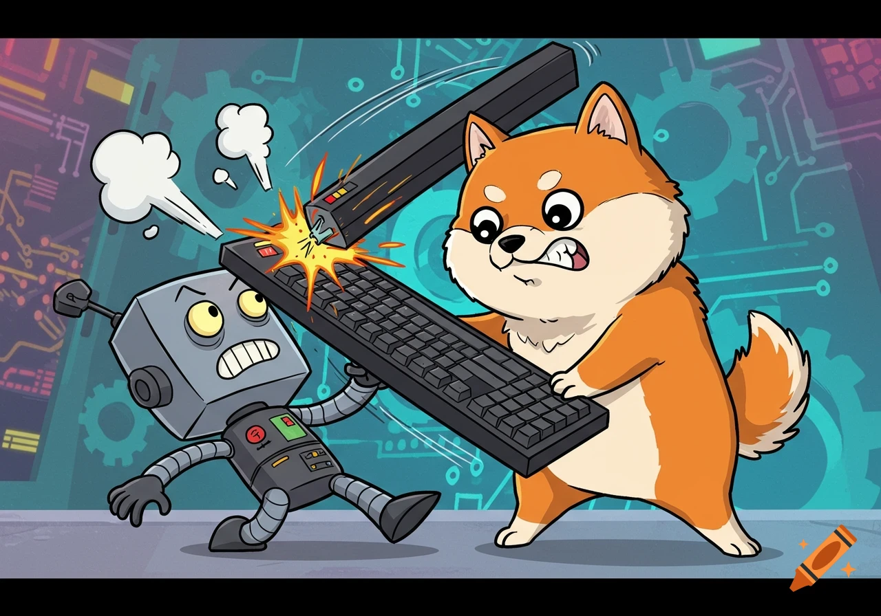 A cartoon Shiba Inu hits a robot on the head with a mechanical keyboard, in a tech-themed setting.