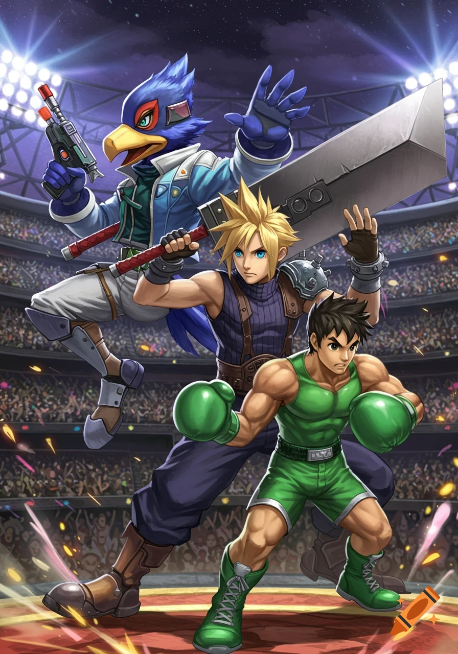 Falco, Cloud Strife, and Little Mac from Super Smash Bros. Ultimate posing dramatically in a bright stadium.